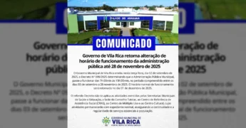 Fachada do Palácio do Araguaia, sede da prefeitura de Vila Rica, com a placa 'Palácio do Araguaia' e a bandeira do Brasil. Crédito: Governo de Vila Rica-MT / Instagram.