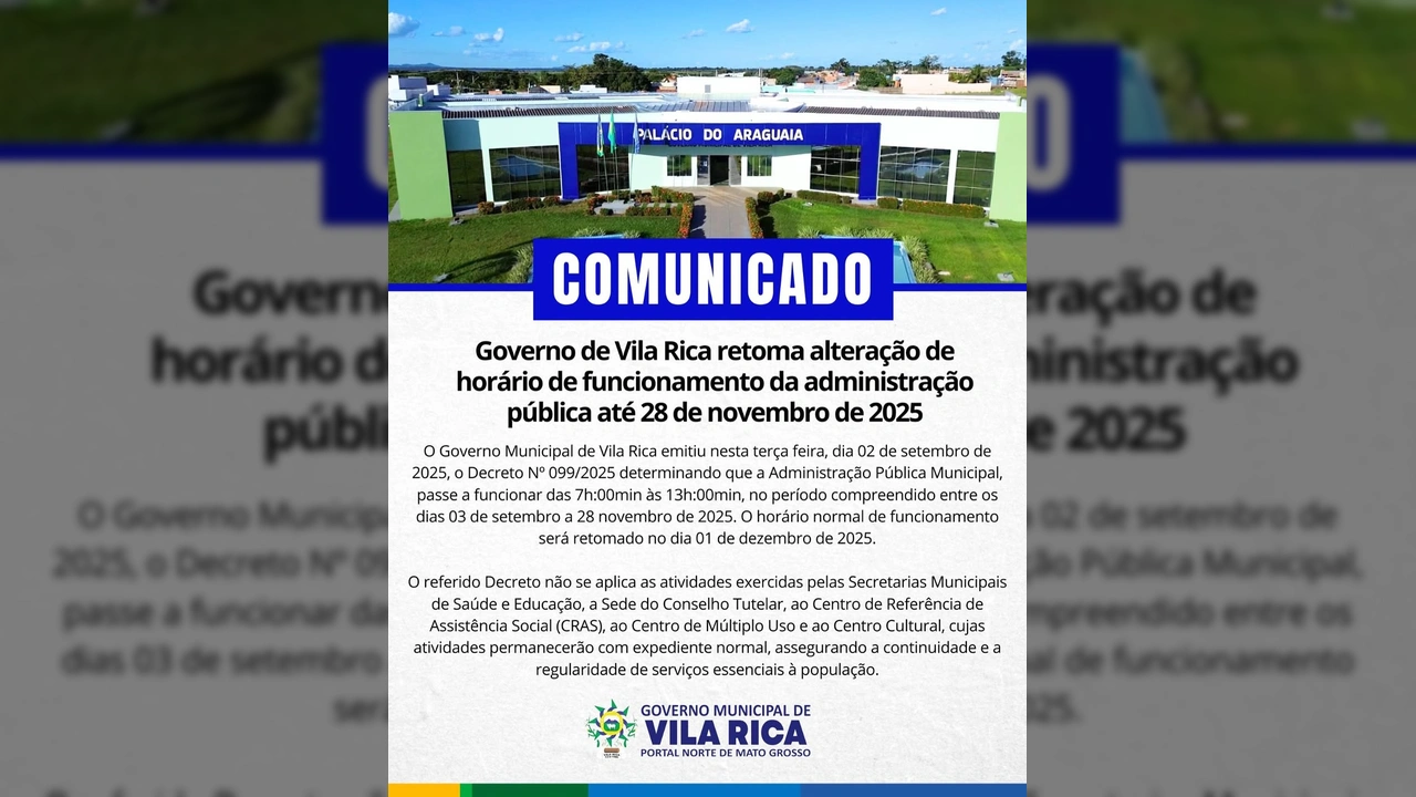 Fachada do Palácio do Araguaia, sede da prefeitura de Vila Rica, com a placa 'Palácio do Araguaia' e a bandeira do Brasil. Crédito: Governo de Vila Rica-MT / Instagram.