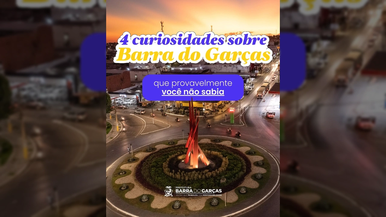 Rotatória principal de Barra do Garças iluminada ao entardecer, com monumentos e carros circulando. Crédito: Prefeitura de Barra do Garças / Instagram.