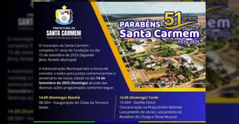 Vista panorâmica aérea de Santa Carmem, com casas e áreas verdes, celebrando 51 anos. Crédito: prefeituradesantacarmem / Instagram.