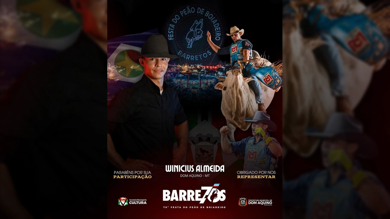 Imagem de Winicius Almeida, competidor de rodeio de Dom Aquino-MT, no Barretos International Rodeo 2025. Créditos: Secretaria Municipal de Cultura de Dom Aquino.