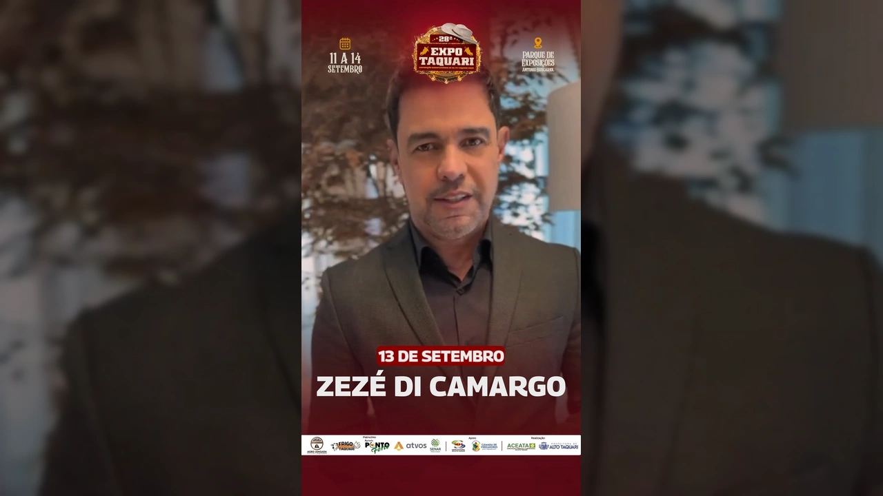 Zezé Di Camargo convidando o público para a 28ª ExpoTaquari em Alto Taquari, Mato Grosso. Créditos: expotaquari_oficial / Instagram.